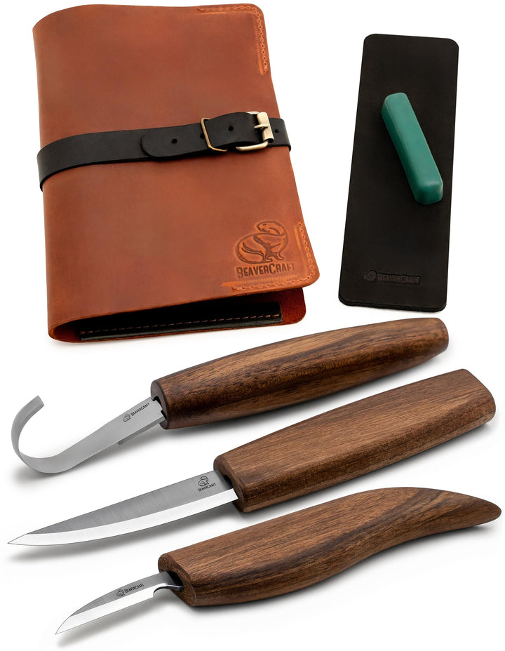BeaverCraft Deluxe S13X Holzschnitzmesser-Set zum Holzschnitzen 3 Messer in einer Ledertasche mit Po
