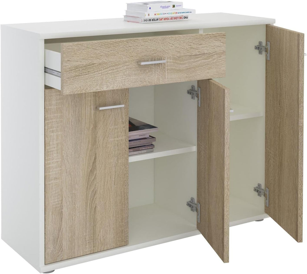 CARO-Möbel Sideboard Estelle Mehrzweckschrank,weiss/Sonoma Eiche mit 3 Türen und 1 Schublade, 88 cm