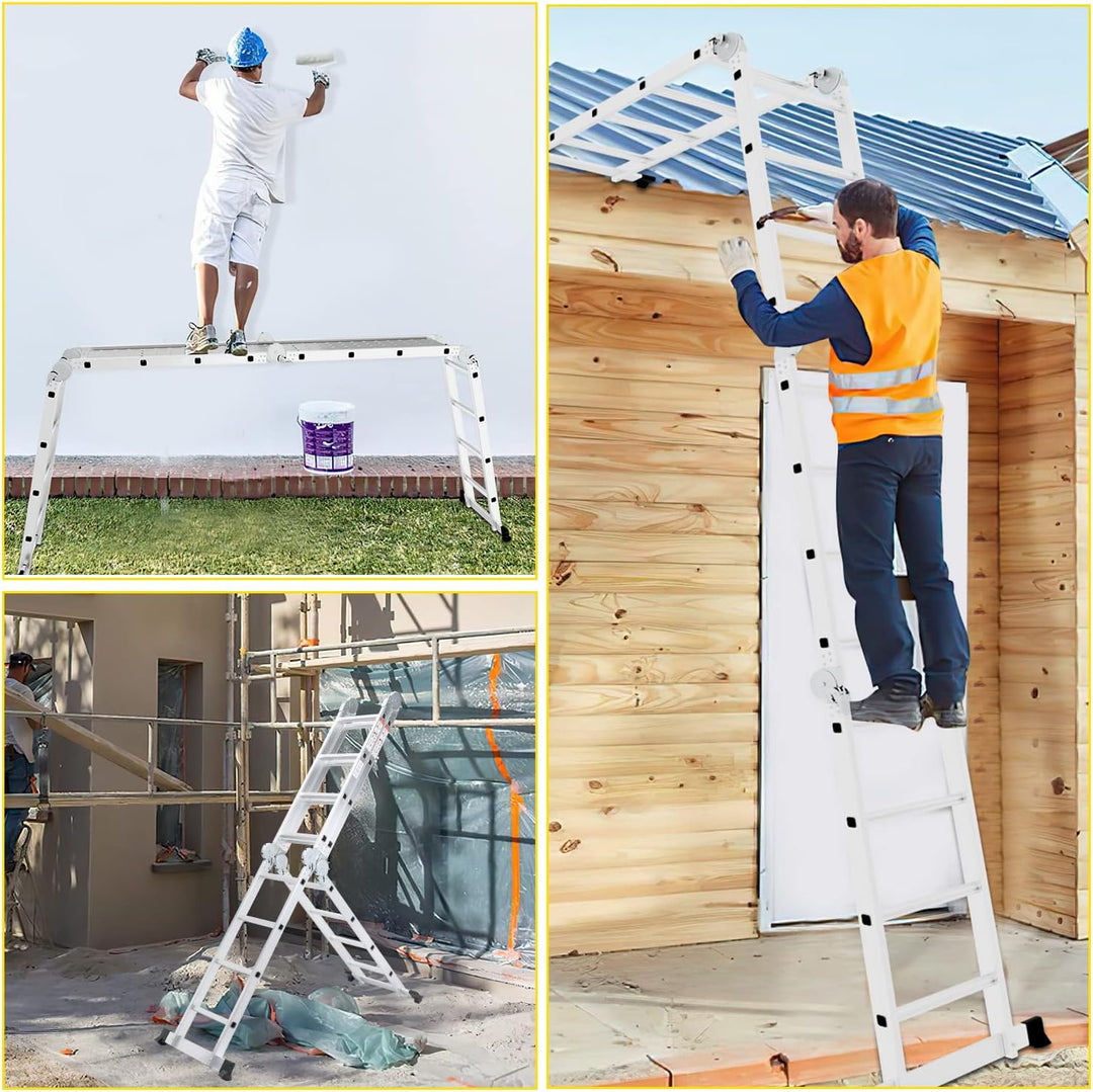 Ikodm 4x4 Stufen Mehrzweckleiter 4,7 m 7 in 1 Aluminium Multifunktionsleiter bis 150 kg mit 2 Transp