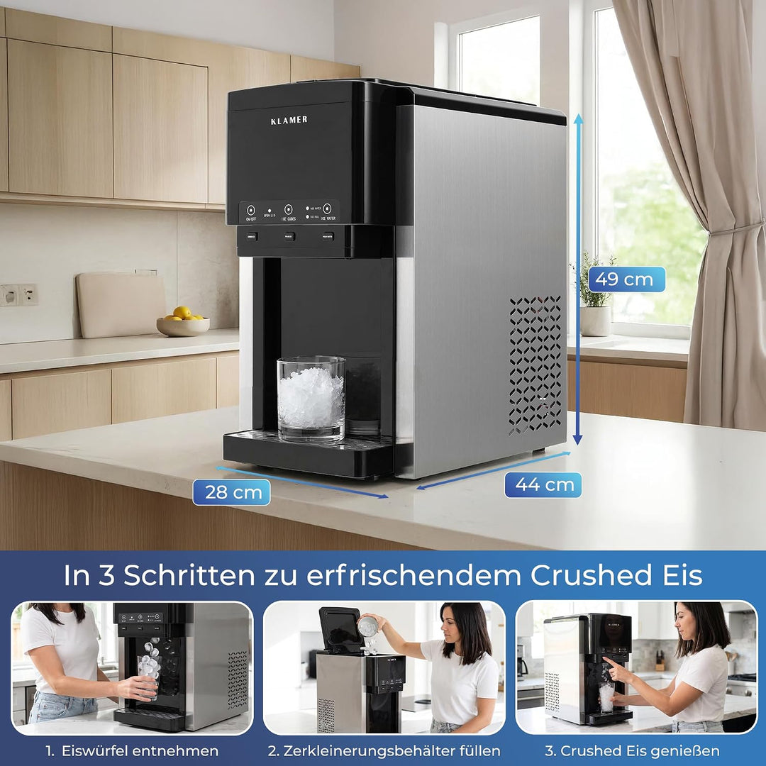 KLAMER 3-in-1 Eiswürfelmaschine, Crushed Ice &amp; Eiswasser, 18–20 kg/24h, Kugeleis 12 Stück in 7 Min,