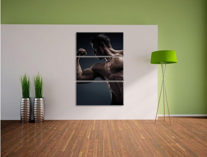 Pixxprint Starker Bodybuilder als Leinwandbild/Grösse: 3 Teilig (120x80) cm/Wandbild/Kunstdruck/fert