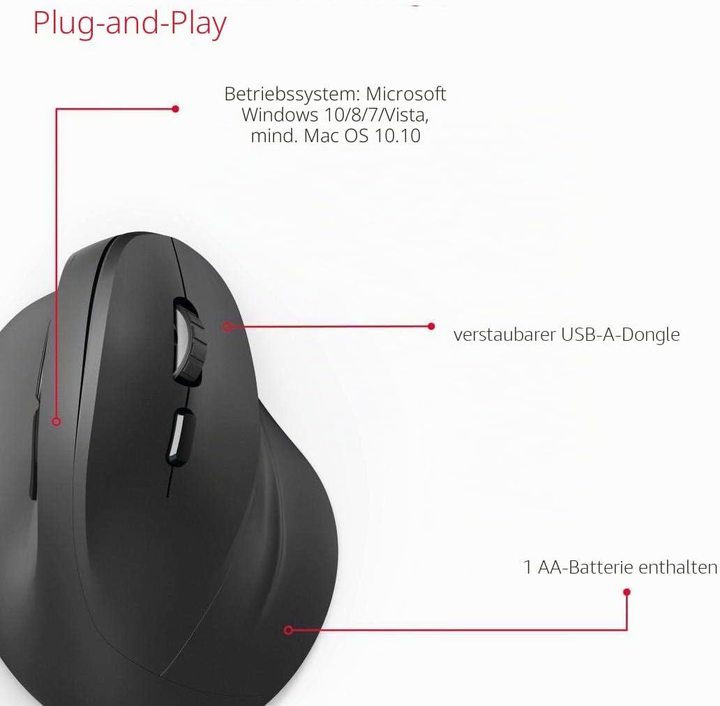 Hama kabellose Maus ergonomisch (Vertikale ohne Kabel für Rechtshänder, Wireless Funk-Maus mit optis