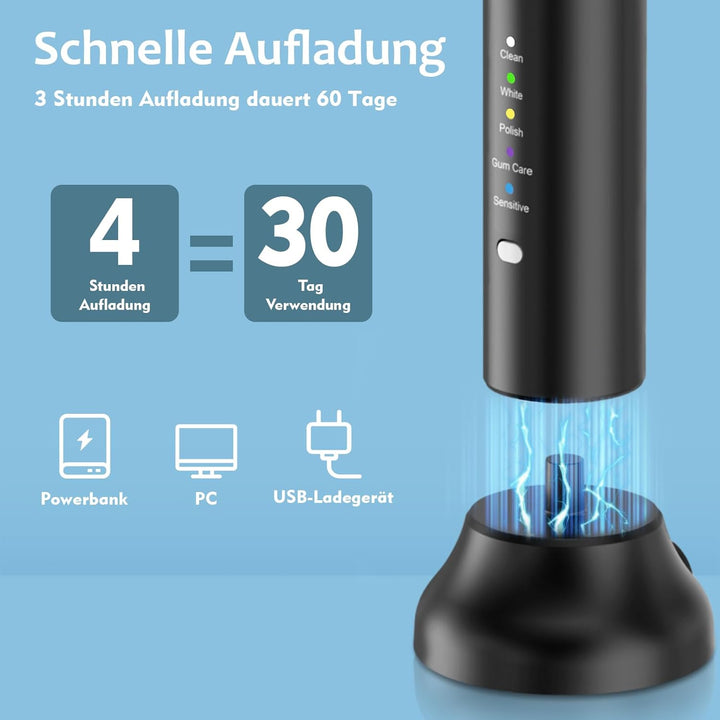 Lächen Elektrische Zahnbürste 3 Modi Elektrische Schallzahnbürste mit Reise-Etui 4 Aufsteckbürsten,