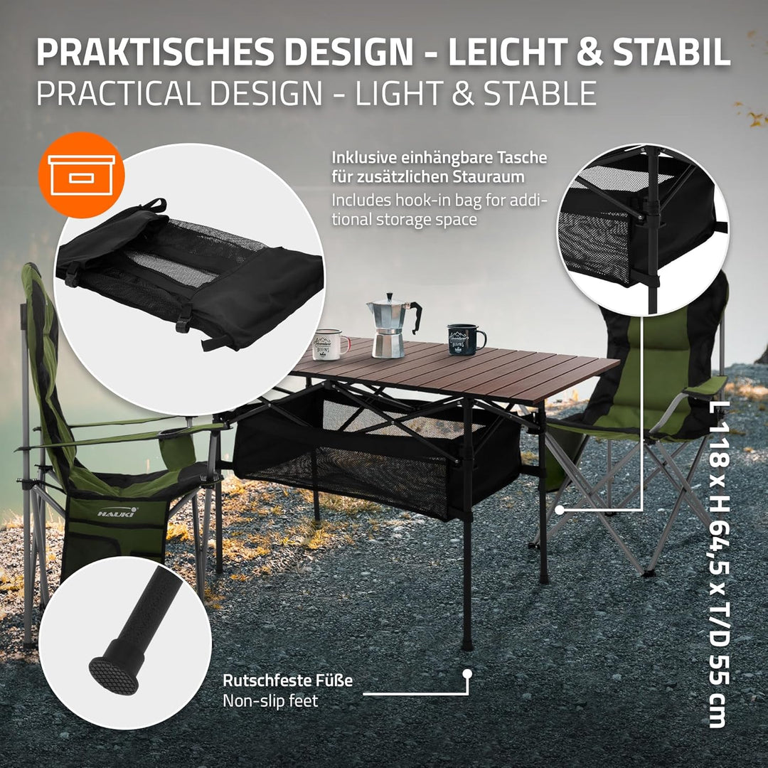 Hauki Campingtisch faltbar Braun, 118 x 55 x 64,5 cm, Aluminium Klapptisch, Aufrollbare Tischplatte,