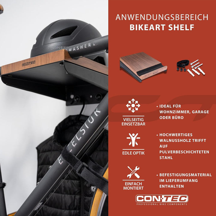 CONTEC Wandpräsenter bikeART shelf, 25kg, aus Stahl und Walnussholz, inkl. Befestigungsmaterial, für