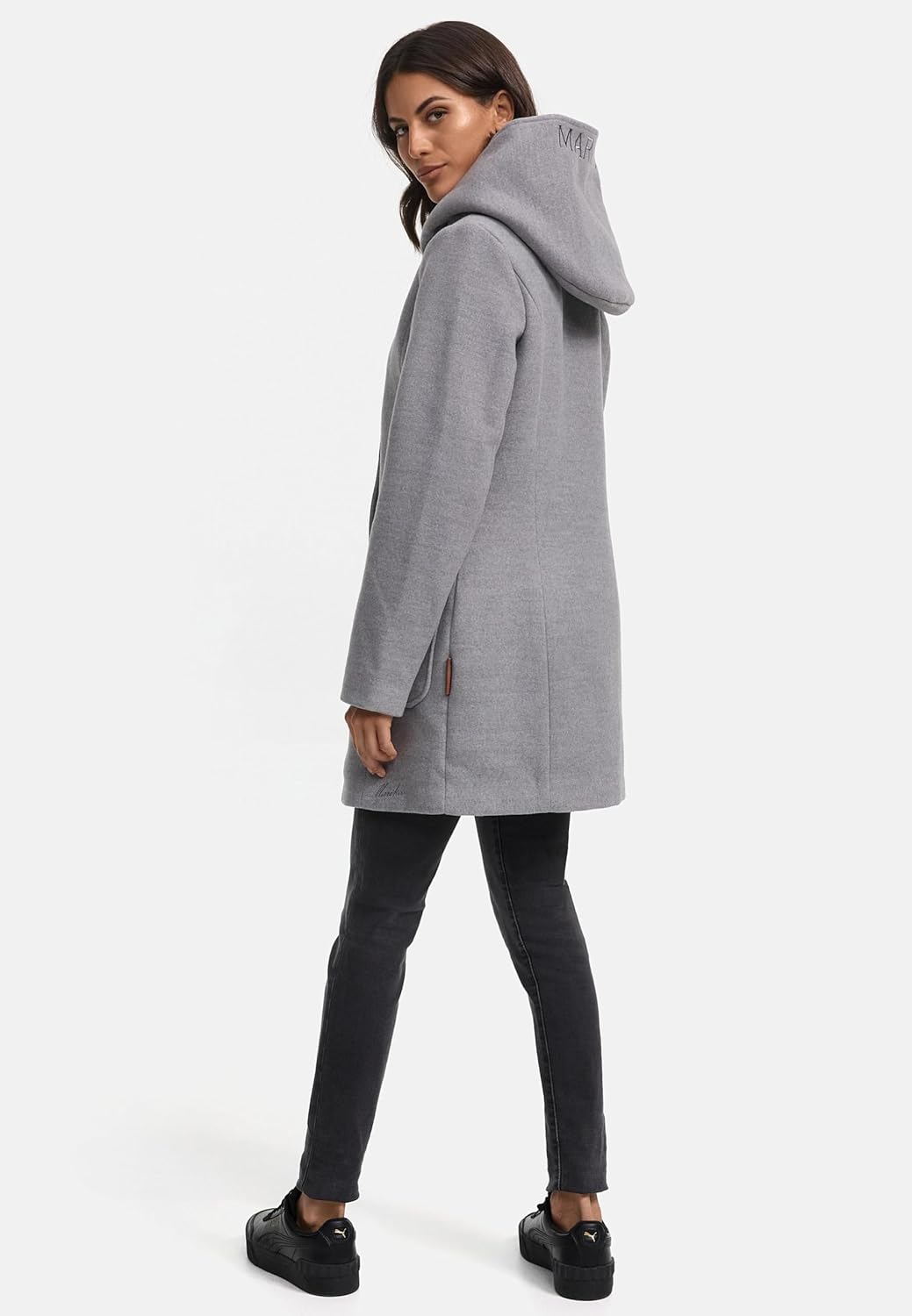 MARIKOO Damen Mantel in Wollmantel-Optik Warmer Trenchcoat mit Kapuze Maikoo XS-5XL L Grau, L Grau