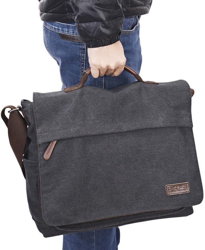 Ruschen Umhängetasche Herren aus Vintagem Segeltuch, Premium Herrentasche, Laptoptasche für 15,6 Zol