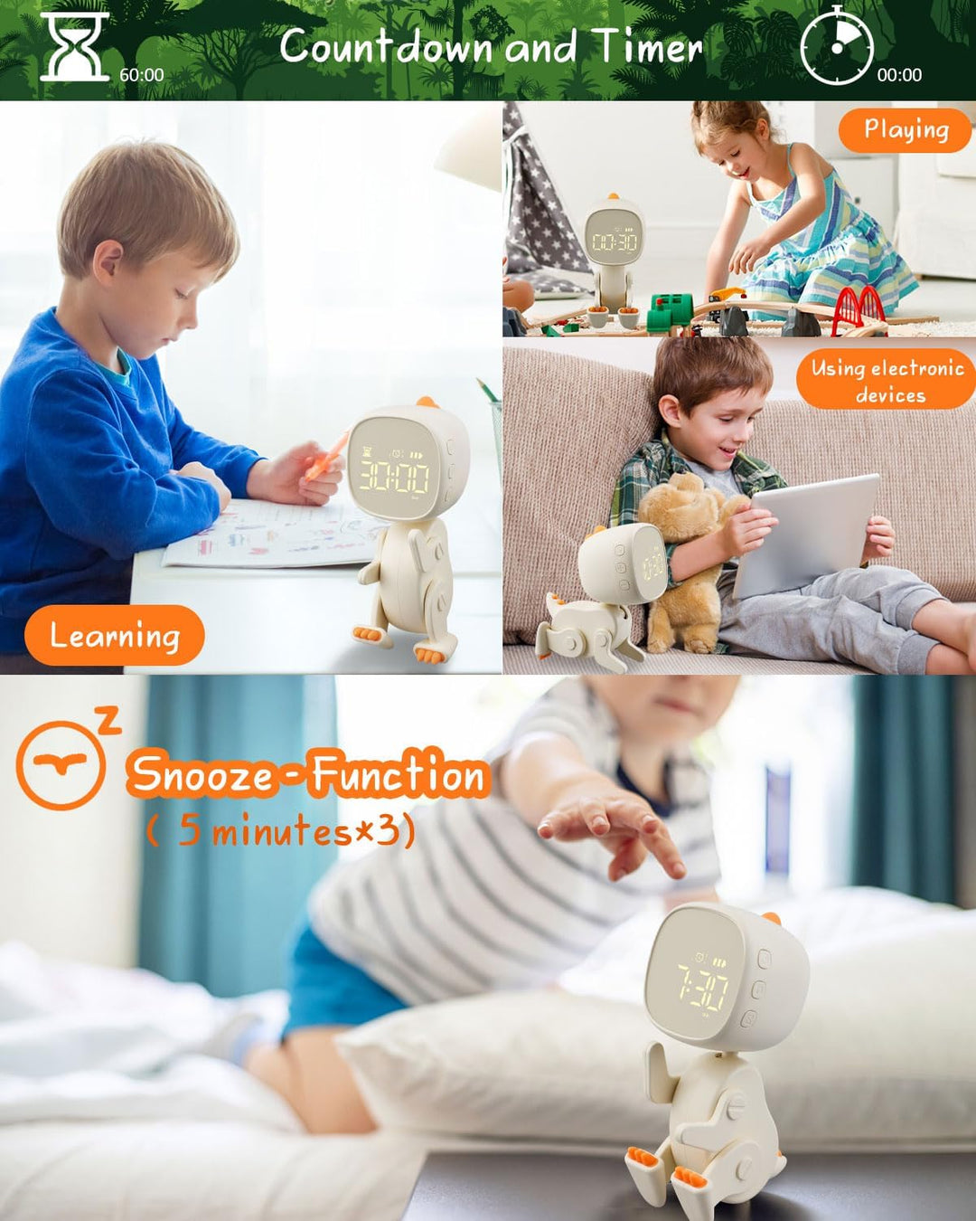 Digitaler Kinder Wecker Jungen Mädchen,Drei Alarmes,Dinosaurier Wecker mit Variabler Form,Schlummer,