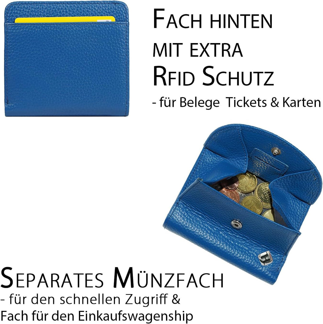 Portmonee Damen klein kompakt, Reise Geldbörse, viele Fächer, Leder blau, RFID Blocker, Münzfach | W