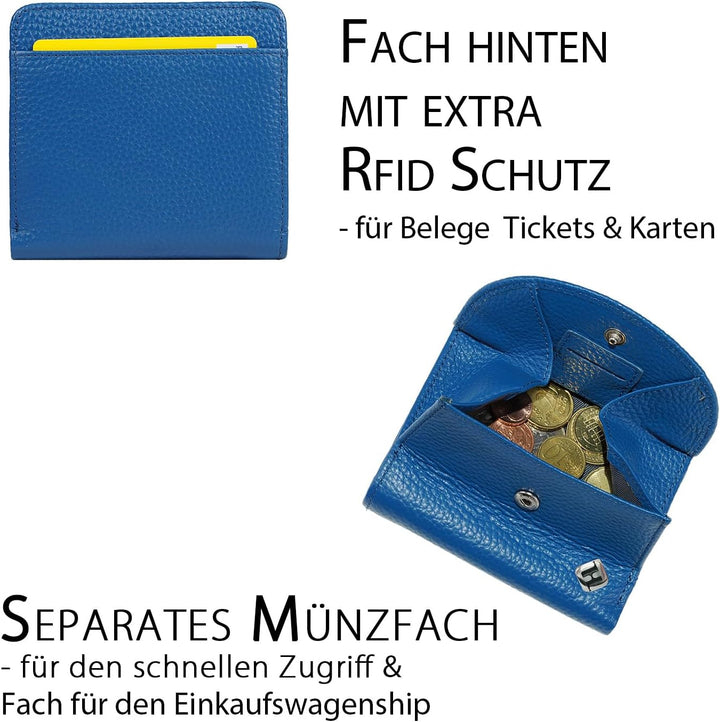 Portmonee Damen klein kompakt, Reise Geldbörse, viele Fächer, Leder blau, RFID Blocker, Münzfach | W