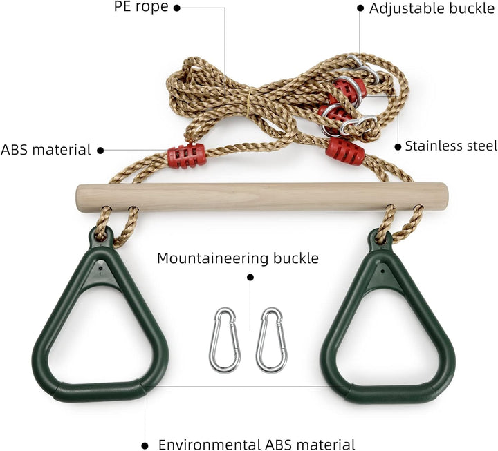 PELLOR Multifunktions Kinderholz Trapeze Schaukel mit Kunststoff Turnringe zum Aufhängen belastbar b