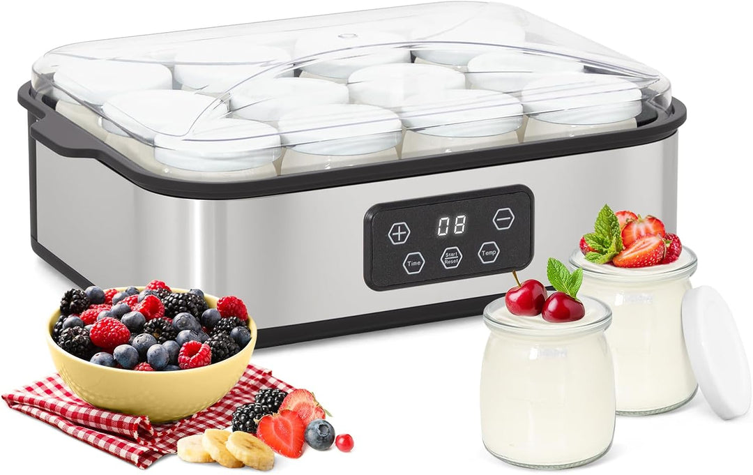 Todeco Joghurtbereiter mit 12 Gläsern à 180ml, Elektrischer Joghurtmaschine aus Edelstahl, Einstellb