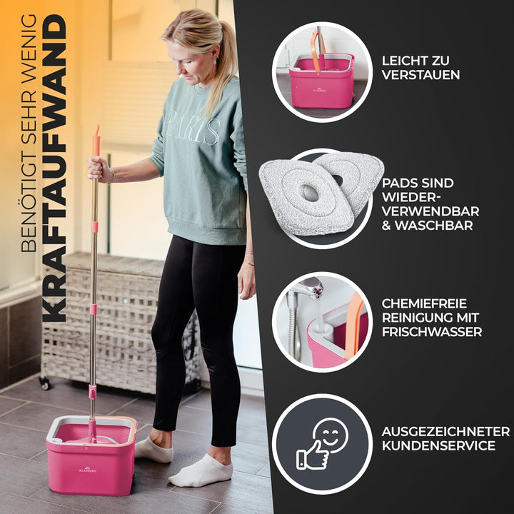 Wischmopp Set mit Eimer, 2-Kammer-System & 2 Mikrofaser-Pads, Flachmopp Bodenwischer mit Edelstahlst