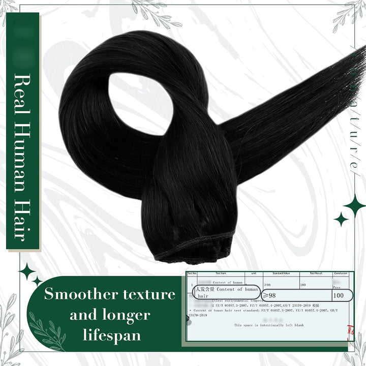 RUNATURE Echthaar Extensions Clip in Naturliches Schwarz 30cm Gerade Extensions Clip in Echthaar Rem