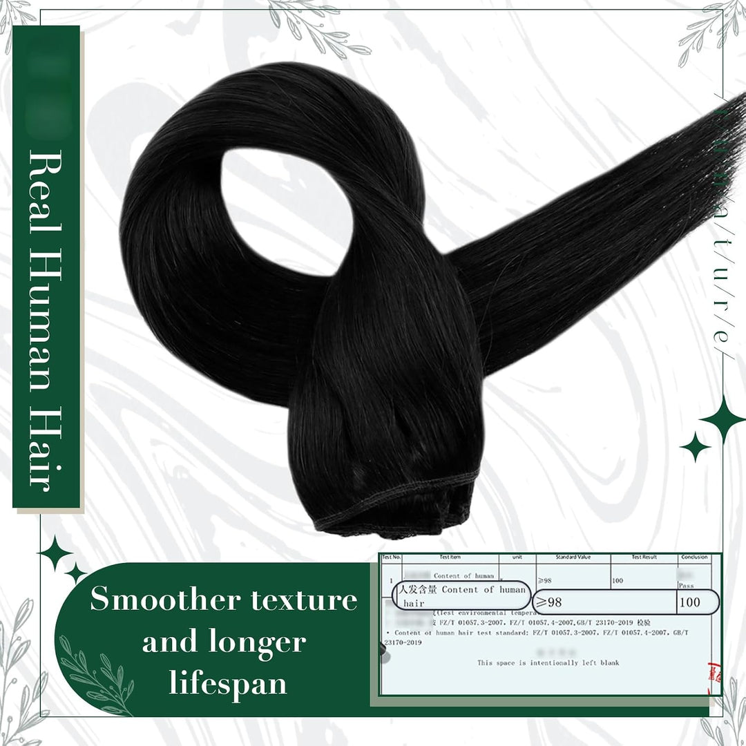 RUNATURE Echthaar Extensions Clip Schwarz 25cm Glatt Menschliches Haar Clip in Extensions Echthaar N