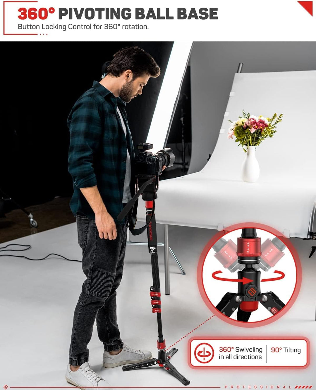 IFOOTAGE Cobra 3 Einbeinstativ Kamera C180F mit Füssen, Mini-Stativ mit Metallschnalle, Kohlefaser,