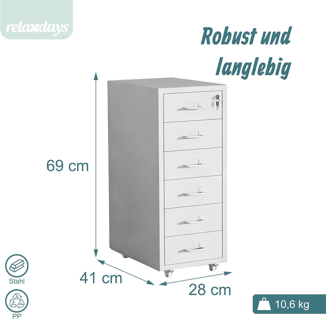 Relaxdays Rollcontainer, 6 Schubladen, HxBxT: 69 x 28 x 41 cm, abschliessbar, Aktenschrank auf Rolle