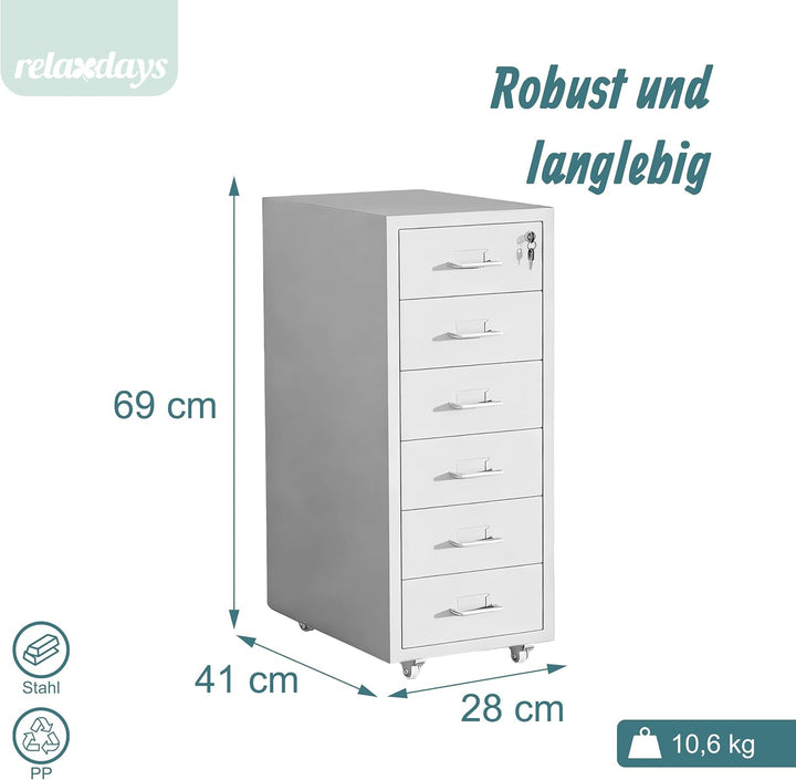 Relaxdays Rollcontainer, 6 Schubladen, HxBxT: 69 x 28 x 41 cm, abschliessbar, Aktenschrank auf Rolle