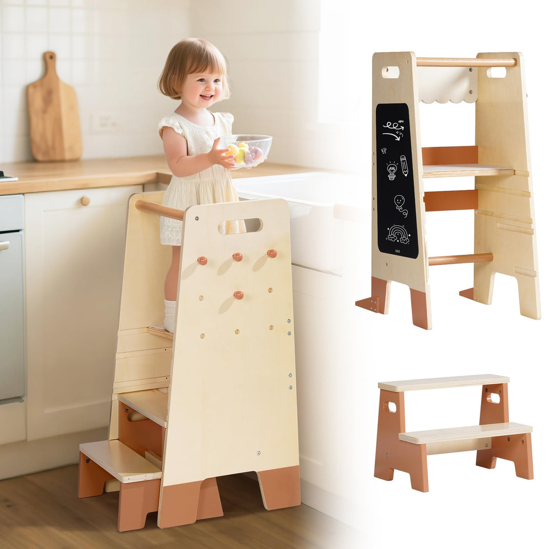 ROBUD Lernturm für Kleinkinder mit abnehmbarem Tritthocker, 2-in-1 Lernturm aus Holz mit Tafel, 3-fa
