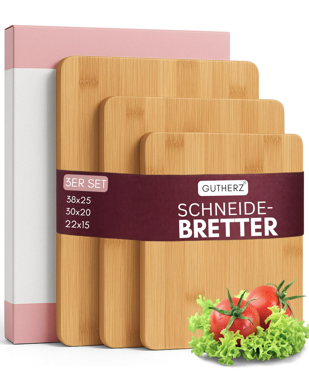Bambus Schneidebrett aus Holz - 3er Set- Natürlich- ohne Lack | Antibakteriell | 38x25 / 30x20/ 22x1