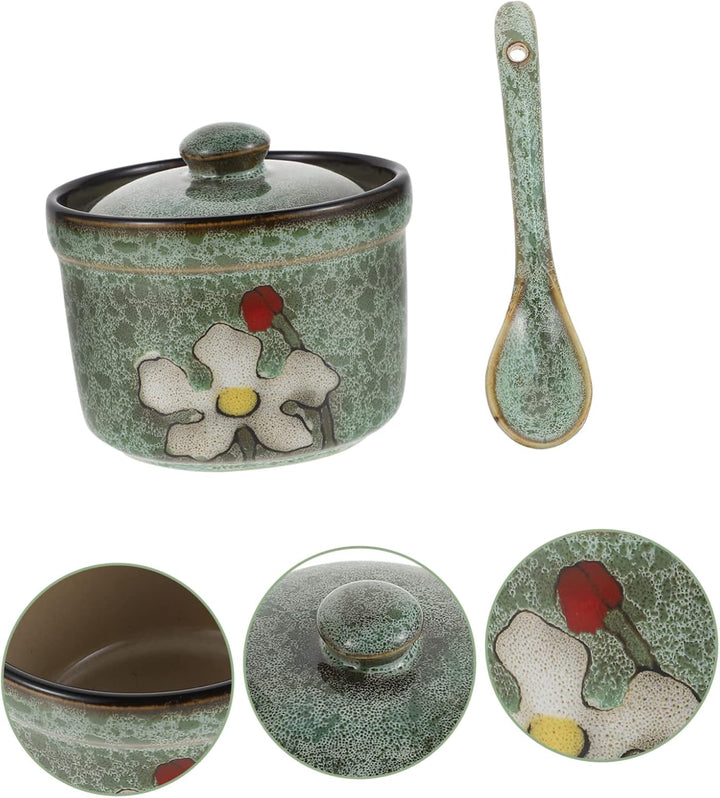 DOITOOL 1 Set Keramik-Gewürzdose mit Deckel, Löffel, Retro-Würztopf, Gewürzdose, Gewürzdosen, Zucker