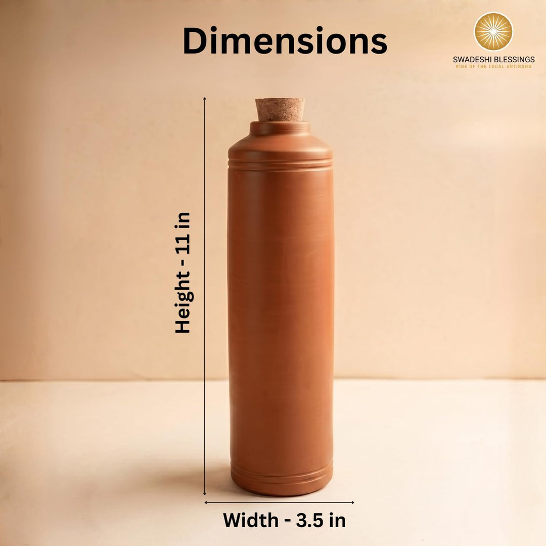 SWADESHI BLESSINGS Exklusive Produktreihe, unglasierte, handgefertigte Ton-Trinkflasche mit Tonkork/