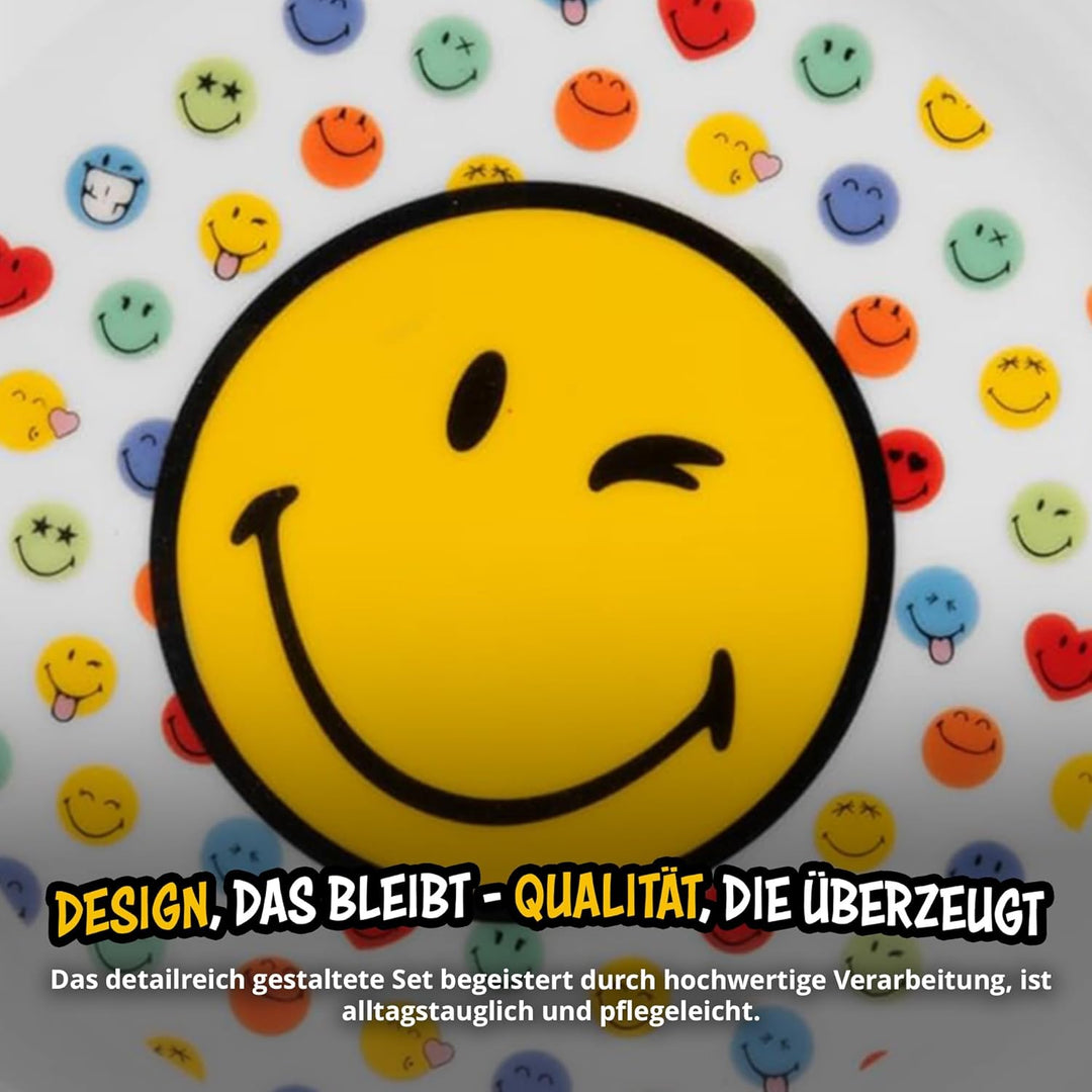 United Labels Smileyworld Frühstücksset Kinder, mit Smiley, Geschirr Set Porzellan, 3-teilig mit Tel
