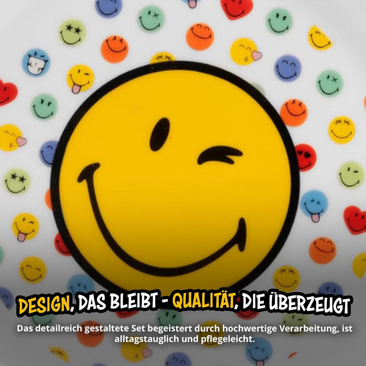 United Labels Smileyworld Frühstücksset Kinder, mit Smiley, Geschirr Set Porzellan, 3-teilig mit Tel