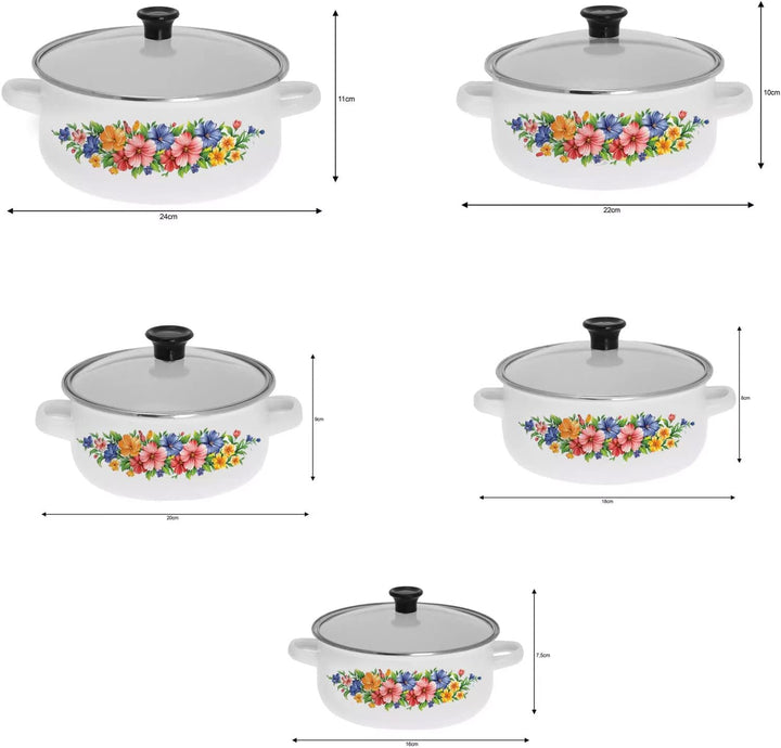 10-Tlg Emaille Kochtopfset Emailetöpfe Emaillierte Töpfset (Weiss), Weiss