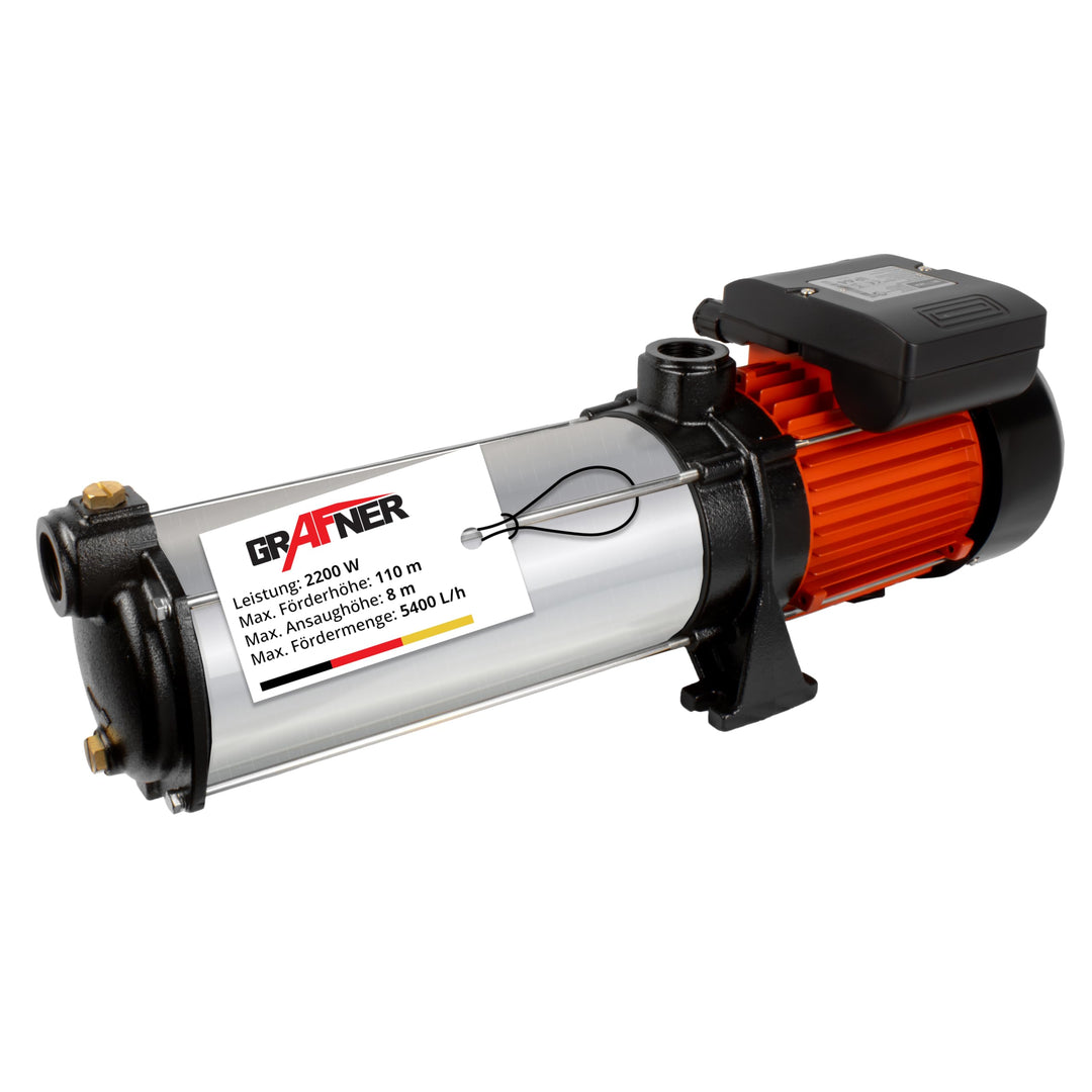 Grafner Premium Kreiselpumpe 10 Stufen, 5400 l/h 2200 Watt, 11 bar, Förderhöhe 110m, Ansaughöhe 8m,