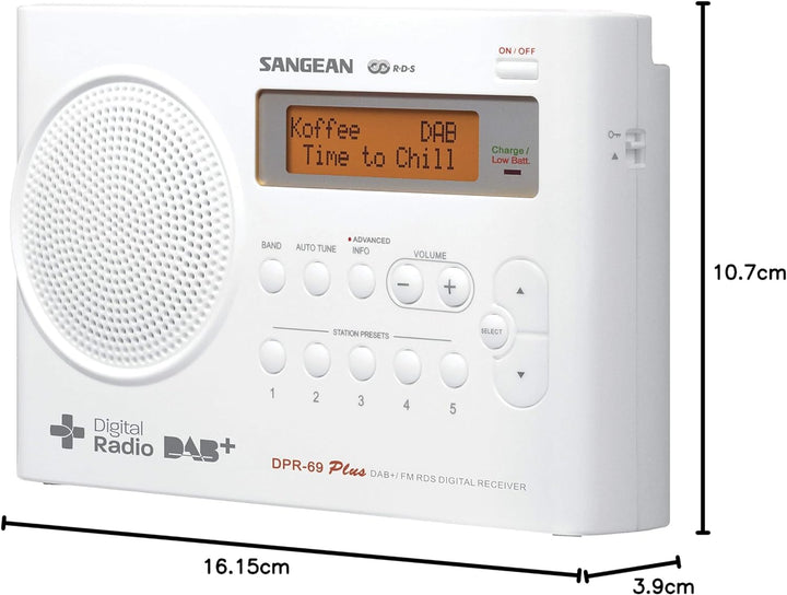 Sangean DPR-69+ tragbares DAB+ Digitalradio (UKW-Tuner, Batterie-/Netzbetrieb) weiss, Weiss