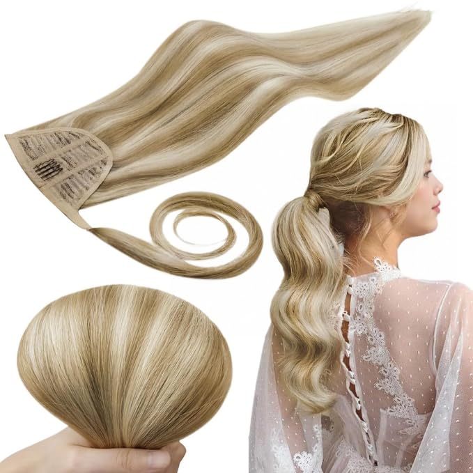 RUNATURE Ponytail Extension Echthaar Blond Highlight 30cm Kurz Echthaar Zopf Aschblond Mit Blond Men