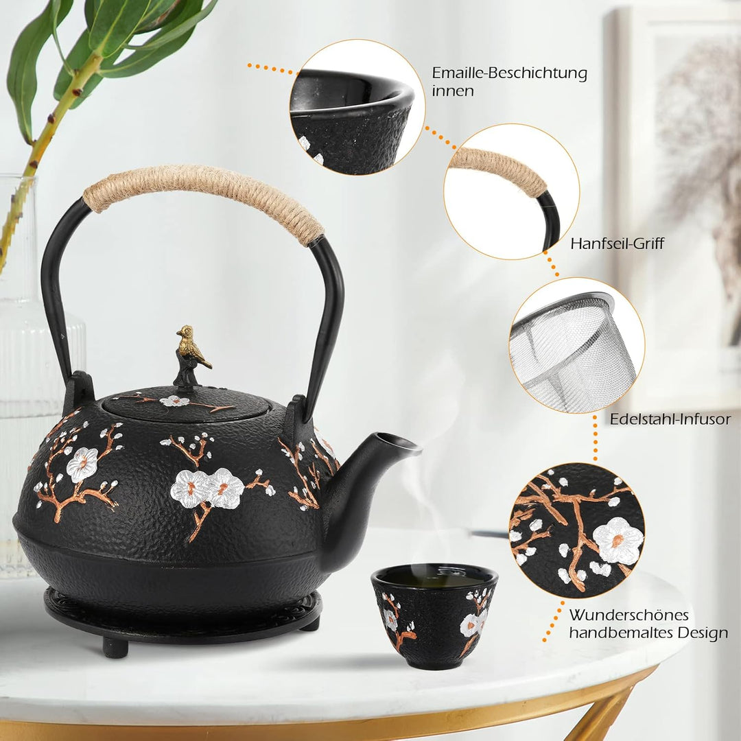 Dyna-Living Teekanne Gusseisen Set, Japanische 1,2 Liter Gusseiserne Teekanne 4 Teebecher, Basis, Ed