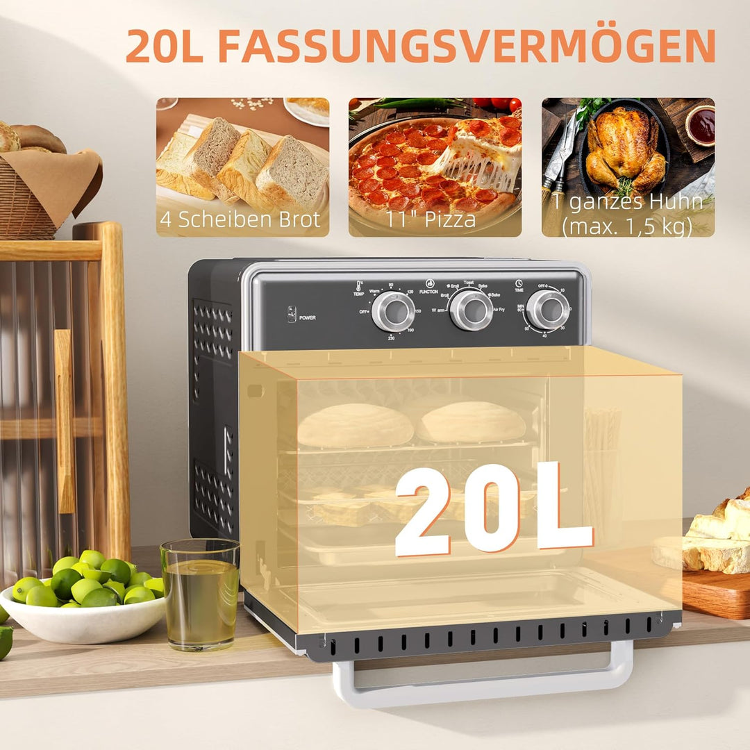 HOMCOM Minibackofen mit Umluft 20L Mini Ofen mit Backblech, Grillrost und Krümelblech, 90 °C-230 °C