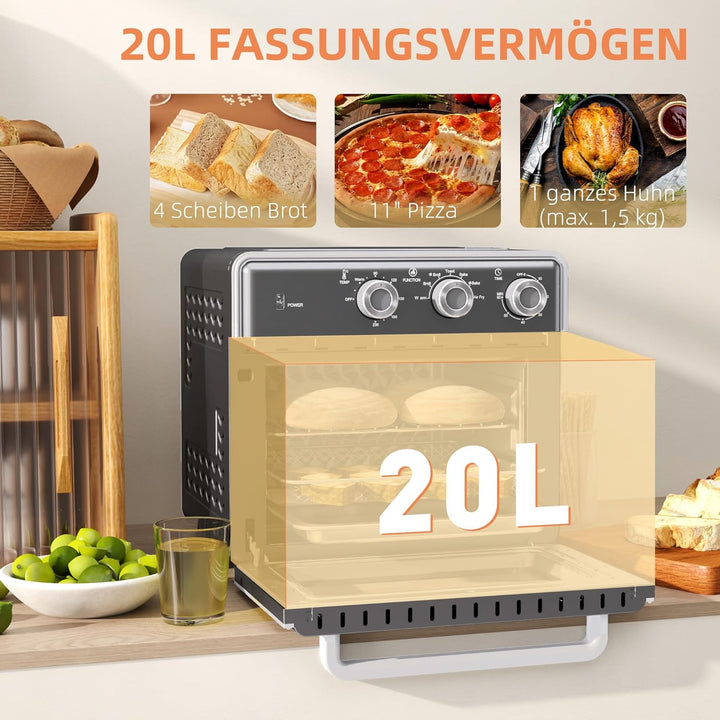 HOMCOM Minibackofen mit Umluft 20L Mini Ofen mit Backblech, Grillrost und Krümelblech, 90 °C-230 °C