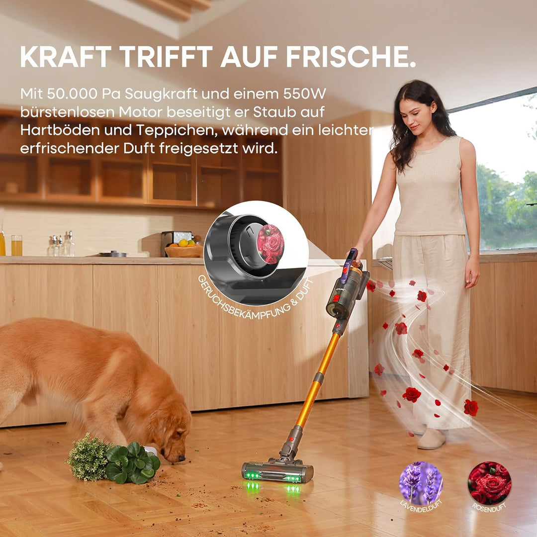 KIPMAX Akku Staubsauger 50000Pa/550W/70Min,1.5L Staubsauger Kabellos mit Display,Anti-Tangle-Bürste,