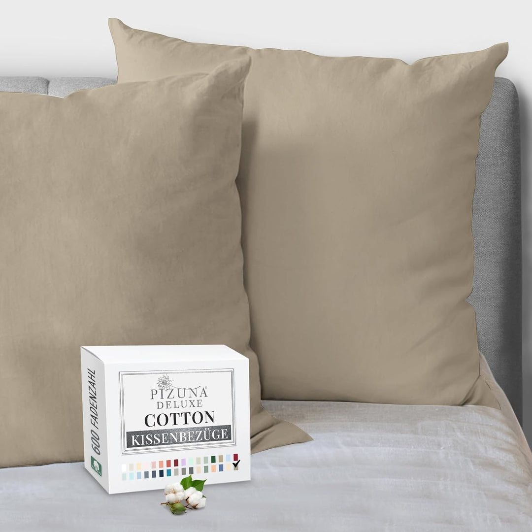 Pizuna Luxuriöser Soft-Satin 2er Pack Kissenbezug 80 x 80 cm Einfach Taupe, 600 Fadenzahl Baumwolle