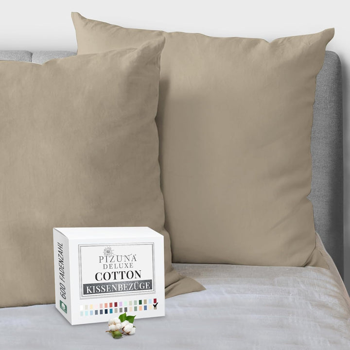 Pizuna Luxuriöser Soft-Satin 2er Pack Kissenbezug 80 x 80 cm Einfach Taupe, 600 Fadenzahl Baumwolle