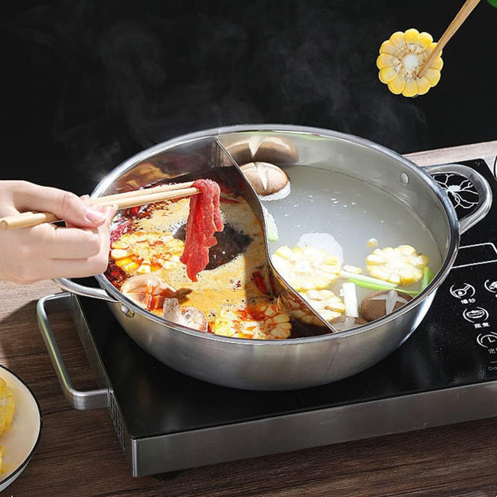 BESTonZON Edelstahl Hot Pot mit Trennwand, 32cm Geteilter Shabu Shabu Topf für Induktion & Gasherd,