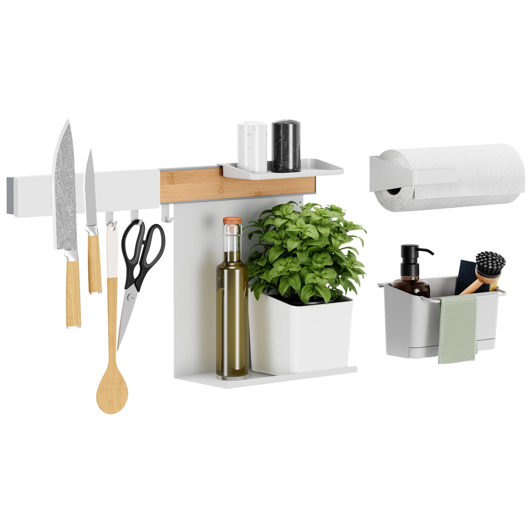tesa Küchen-Organizer Kombi-Set XL - selbstklebende Küchenleiste, Kräutertopf, 2 Ablagen, Spül-Organ