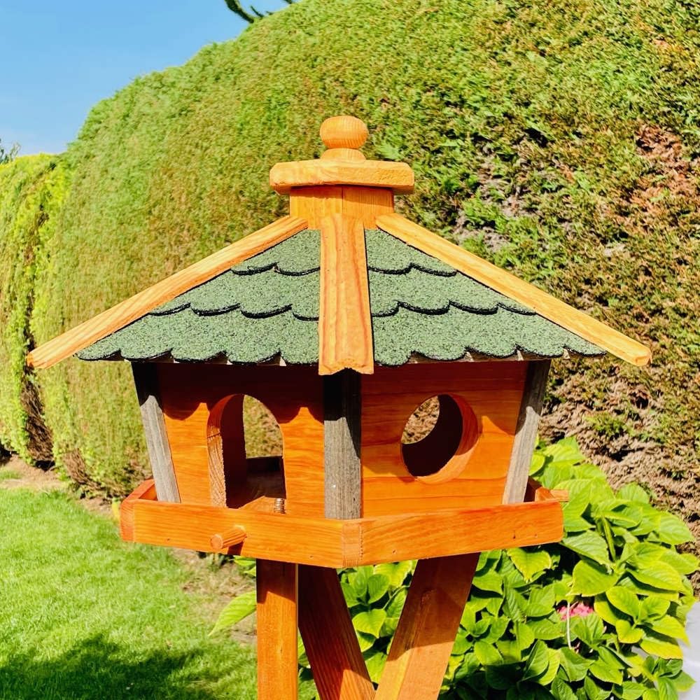 Vogel Futter Haus L oder XL Sechseck Holz Vogelhaus Futterstelle Braun/Blau, Rot, Schwarz und Grün (