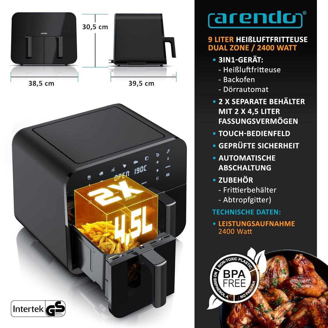 Arendo - Dual Zone Heissluftfritteuse 9L - mit 2 Kamern - XXL Kapazität 2 Fächer – Sichtfenster Bele