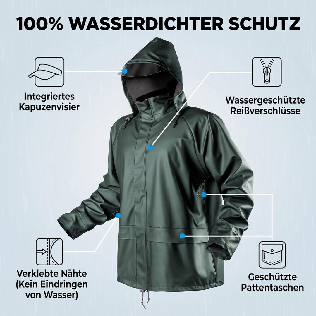 NEO TOOLS Herren Regenset, Regenmantel mit Kapuze und Regenhose, Gr. M-XXXL, verklebte Nähte, Reissv