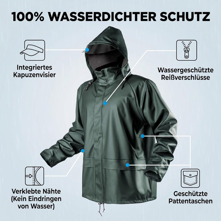 NEO TOOLS Herren Regenset, Regenmantel mit Kapuze und Regenhose, Gr. M-XXXL, verklebte Nähte, Reissv