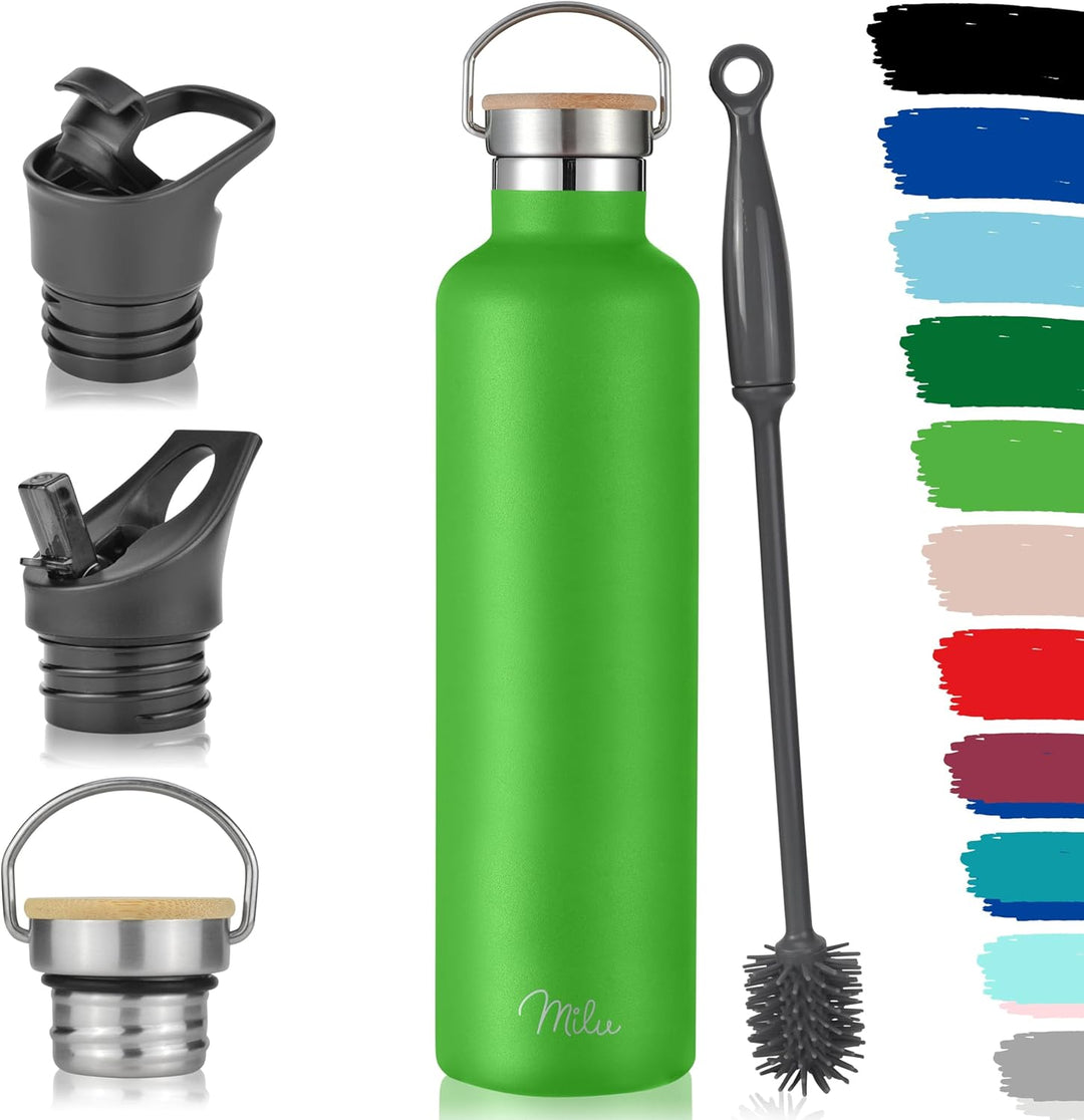 Milu Edelstahl Trinkflasche 500ml 750ml 1000ml (+3 Deckel) Thermosflasche mit Strohhalm, Isolierte W