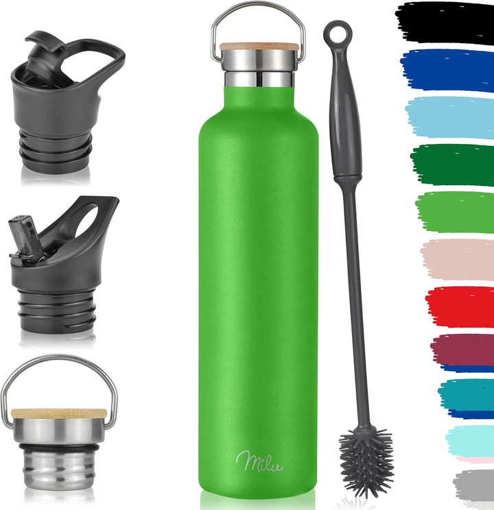 Milu Edelstahl Trinkflasche 500ml 750ml 1000ml (+3 Deckel) Thermosflasche mit Strohhalm, Isolierte W