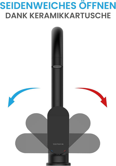 Bächlein Universal Küchenarmatur Ermelo in Matt Schwarz – Spültischarmatur mit 360° schwenkbarem Aus