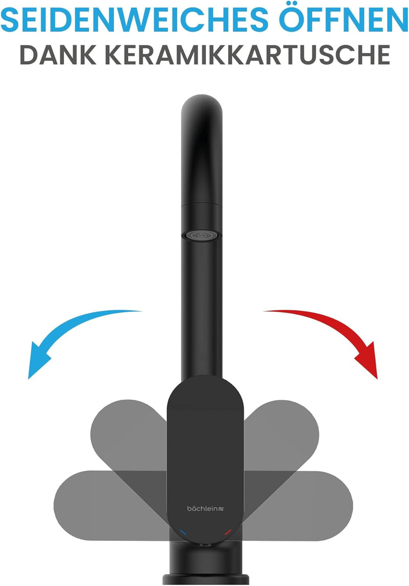 Bächlein Universal Küchenarmatur Ermelo in Matt Schwarz – Spültischarmatur mit 360° schwenkbarem Aus