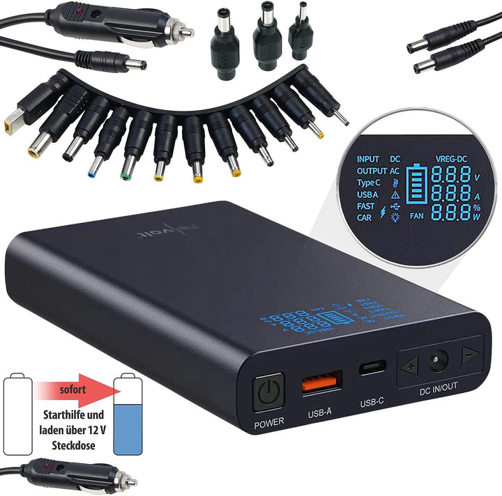 revolt Powerbank 19V DC-Ausgang: USB-Powerbank mit 18 Ah, DC 3-24 V, Starthilfe, QC & USB-C PD, 160