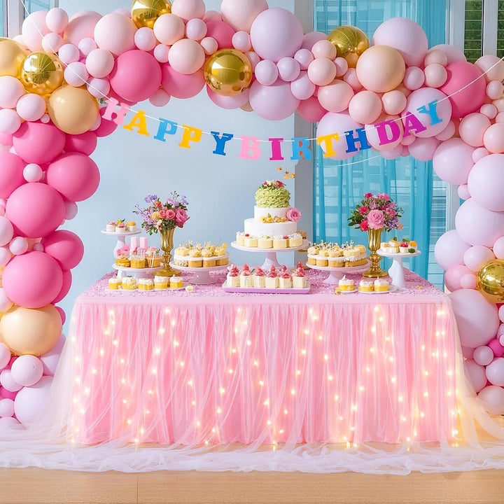 HBBMAGIC Baby Rosa Tüll Tischrock Mit Licht, 2-Langer 183cm Lang Rosa Rüschen Tulle Tischröcke, Wasc